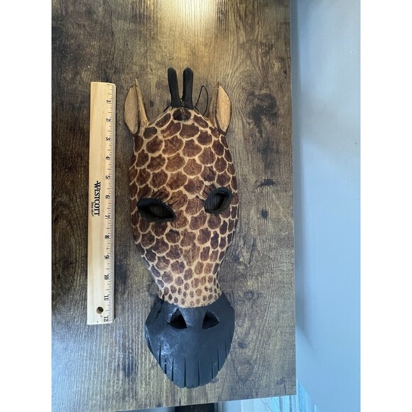 VINTAGE HAND CARVED WOOD GIRAFFE HEAD TRIBAL MASK WALL ART Approximately 15” - Picture 15 of 16